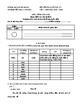 Đề kiểm tra cuối học kỳ I năm môn Tiếng Việt (CGD) Lớp 1 - Năm học 2015-2016 - Trường Tiểu học VHH Bắc (Có đáp án)
